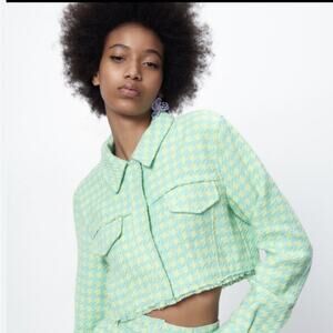 Zara Mint Green Houndstooth Cropped Jacket